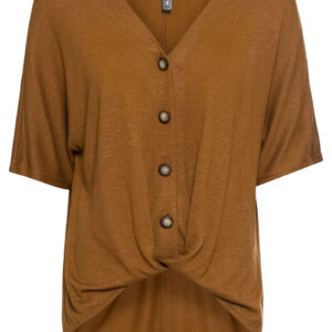 Bluzka shirtowa z ozdobnym drapowaniem i plisą guzikową bonprix brązowy