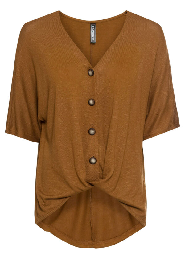 Bluzka shirtowa z ozdobnym drapowaniem i plisą guzikową bonprix brązowy