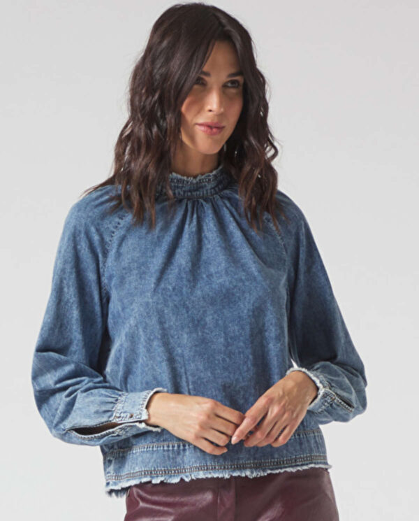 MANILA GRACE - Jeansowa bluzka ze stójka