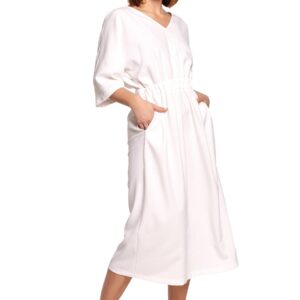 Swobodna sukienka midi z szeroką gumą w pasie biała.