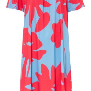 Sukienka size plus kolor jasnoniebiesko-różowy w roślinny wzór.