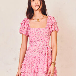 LOVE SHACK FANCY - Różowa sukienka mini Kimbra. Kwiaty Różowy / Fioletowy