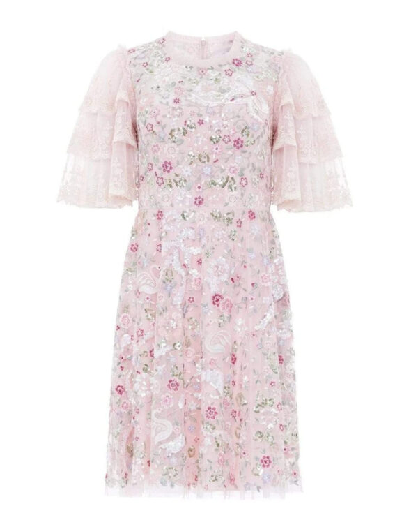 NEEDLE & THREAD - Sukienka mini Odette. Kwiaty Różowy / Fioletowy