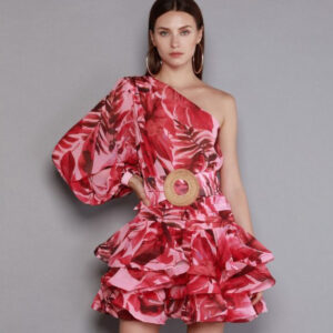 BRONX AND BANCO - Asymetryczna sukienka mini Camilla. Kwiaty Czerwony / Bordowy
