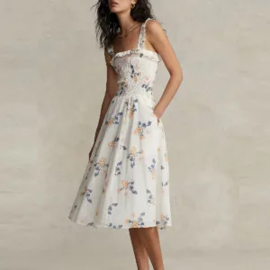 RALPH LAUREN - Bawełniana sukienka na szerokich ramiączkach. Kwiaty Biały