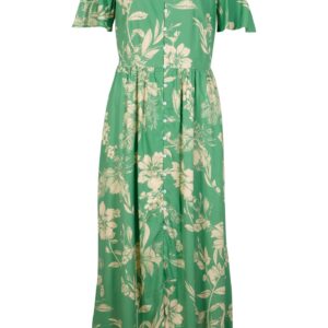 Długa sukienka z wiskozy. Kwiaty zielony opalowy - beżowy w kwiatowy wzór