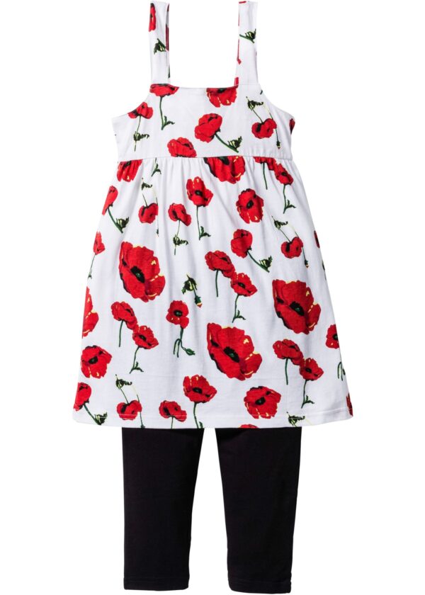 Sukienka dziewczęca + legginsy 3/4 (kompl. 2-częściowy). Kwiaty truskawkowo-biało-czarny