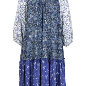 Sukienka tunikowa ze zrównoważonej wiskozy. Kwiaty błękit kamieni szlachetnych - kobaltowo-perłowy niebieski - biel wełny w deseń paisley