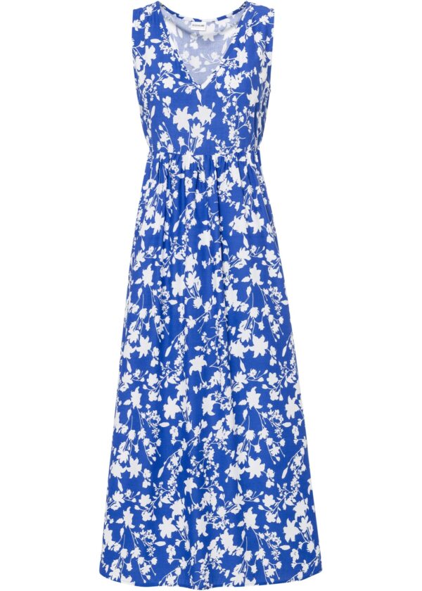 Sukienka ze zrównoważonej wiskozy. Kwiaty błękit kamieni szlachetnych - biały w roślinny wzór