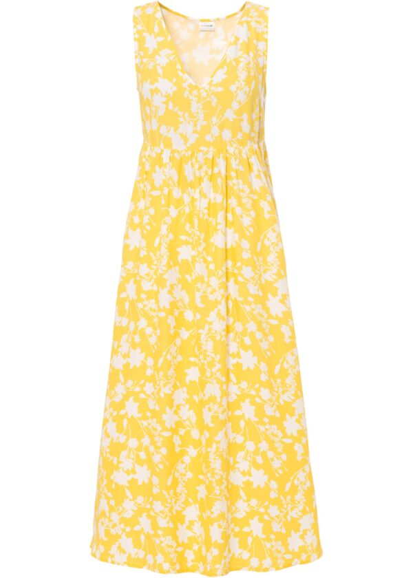 Sukienka ze zrównoważonej wiskozy. Kwiaty kremowy żółty - biały w roślinny wzór
