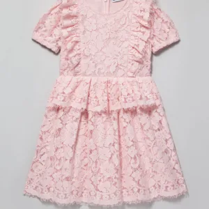 SELF PORTRAIT KIDS - Różowa koronkowa sukienka z falbankami.