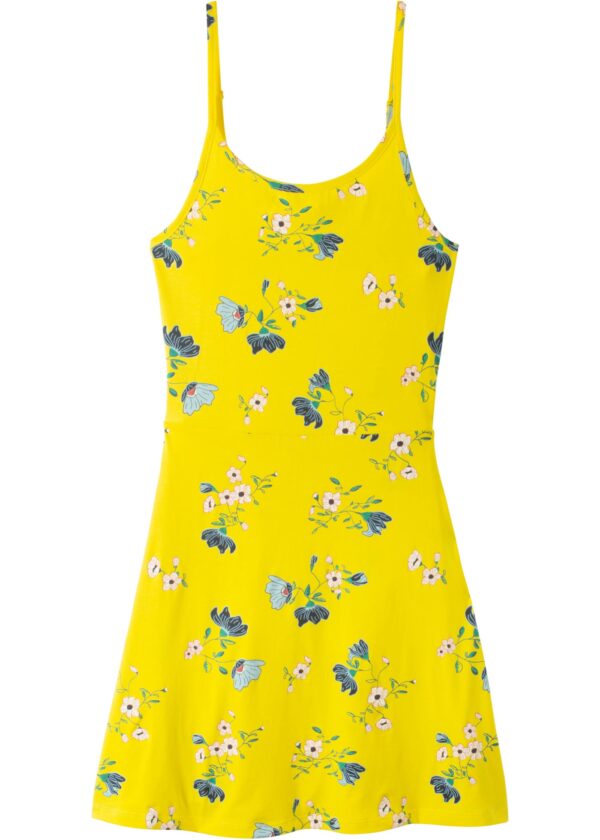 Sukienka rozkloszowana w kolorze żółty cytrynowy w kwiaty.