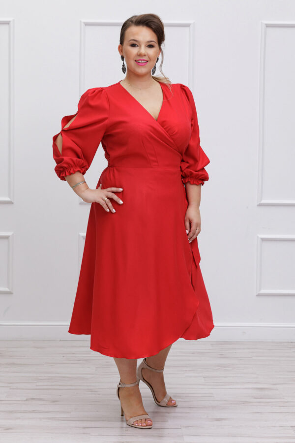 Elegancka czerwona sukienka Nikol na wesele kopertowy krój plus size