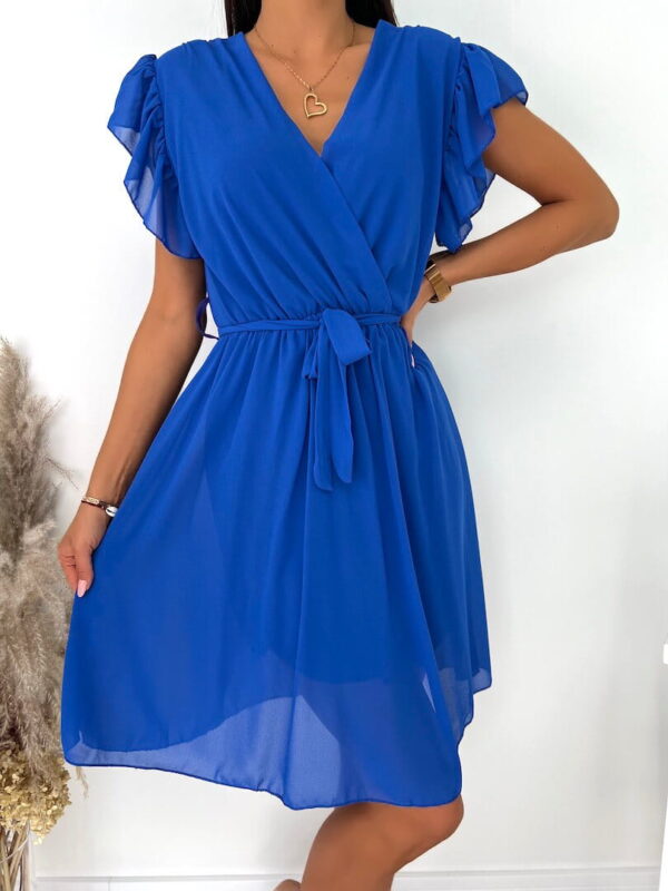 Kobaltowa Sukienka z Ozdobnym Rękawkiem 8298-147-D