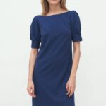 Kobaltowa koktajlowa sukienka mini z bufiastymi rękawami