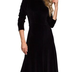Sukienka elegancka welurowa midi rozkloszowana z rękawem 3/4 czarna