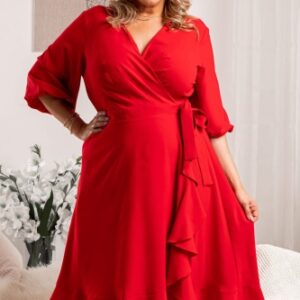 Sukienka na święta kopertowa elegancka z falbanką IRIS wiązana czerwona