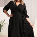 Sukienka wieczorowa kopertowa elegancka z falbanką IRIS wiązana czarna