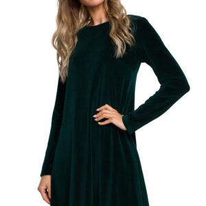 Welurowa sukienka trapezowa midi z długim rękawem elegancka zielona