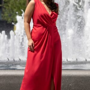 Sukienka elegancka na wesele długa rozcięcie z przodu ELEONORA czerwona