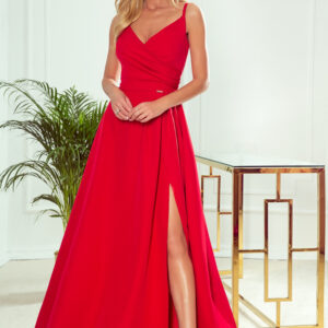 Długa sukienka na wesele rozkloszowana na ramiączkach czerwona