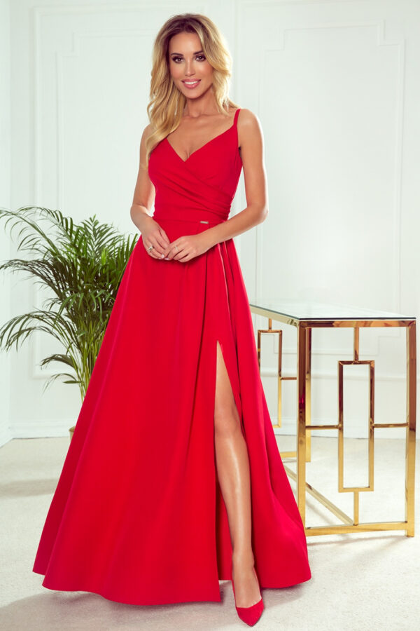 Długa sukienka na wesele rozkloszowana na ramiączkach czerwona