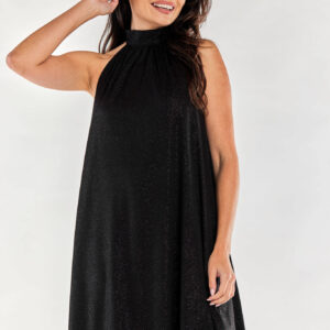Sukienka błyszcząca brokatowa rozkloszowana z dekoltem halter czarna