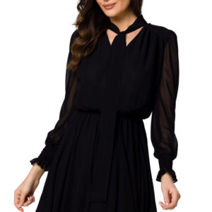 Szyfonowa sukienka koktajlowa z bufiastymi rękawami czarna