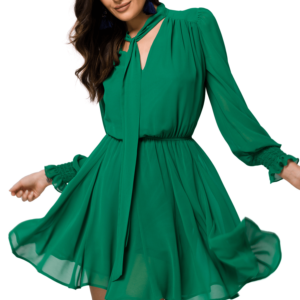 Szyfonowa sukienka koktajlowa z bufiastymi rękawami zielona