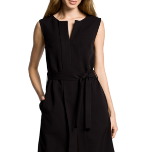 Elegancka sukienka trapezowa bez rękawów z paskiem w talii czarna.