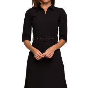 Elegancka sukienka koszulowa z kołnierzykiem i paskiem w talii czarna.