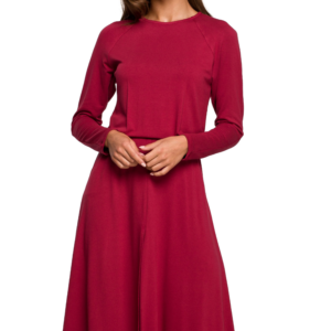 Sukienka rozkloszowana klasyczna z gumą w pasie bordowa wiskoza.