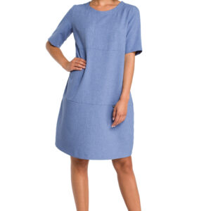 Lniana sukienka na lato bombka oversize z kieszeniami niebieska.