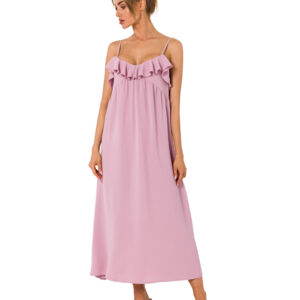 Długa letnia sukienka na cienkich ramiączkach różowa trapezowa.