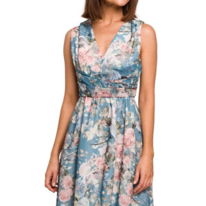 Elegancka sukienka w kwiaty szyfonowa z dekoltem V niebieska