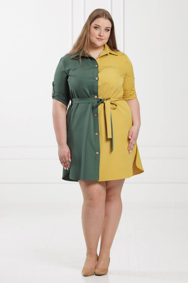 Wyjątkowa dwukolorowa sukienka Cindy oliwkowo-żółta rękaw 3/4PLUS SIZE