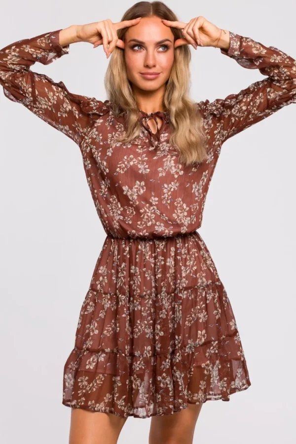 Sukienka w kwiaty szyfonowa z falbankami w stylu BOHO brązowa mini. Kwiaty n/a