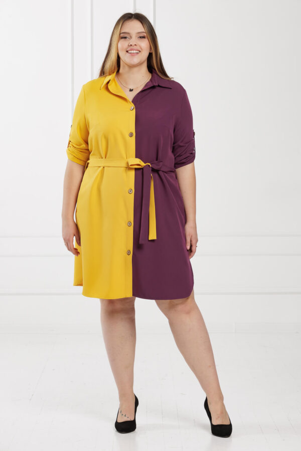Wyjątkowa dwukolorowa sukienka Cindy Fioletowo-żółta rękaw 3/4 PLUS SIZE