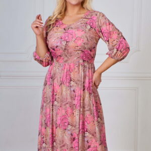 Elegancka beżowa sukienka Vanessa z rękawem 3/4 w kwiaty XXL OVERSIZE WIOSNA