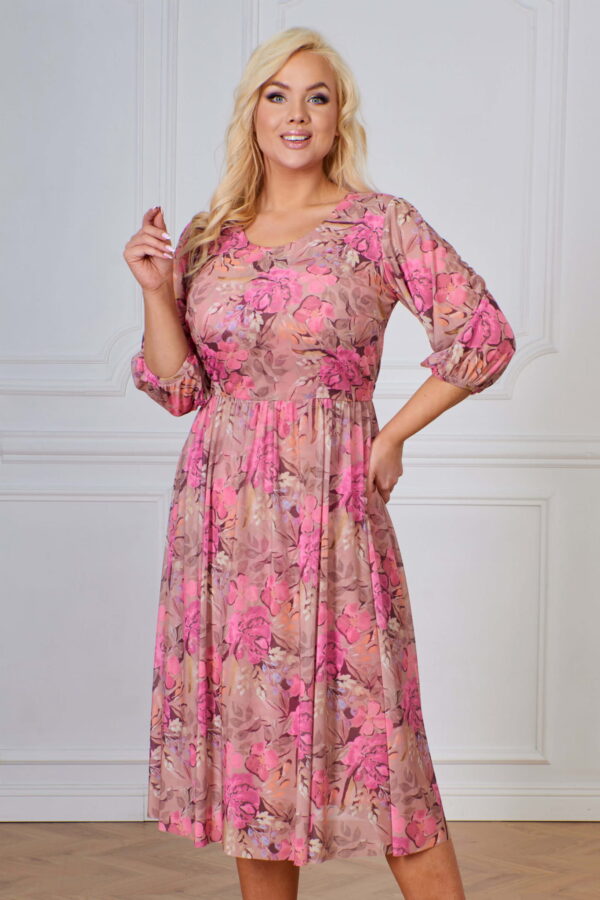 Elegancka beżowa sukienka Vanessa z rękawem 3/4 w kwiaty XXL OVERSIZE WIOSNA