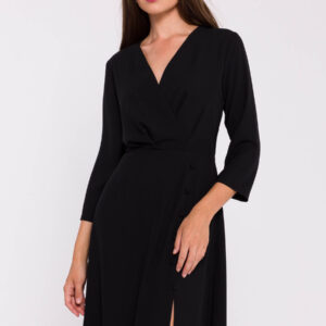 Elegancka sukienka rozkloszowana kopertowy dekolt czarna
