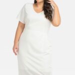 Sukienka elegancka z podszewką i drapowaniem w pasie HILLS ecru