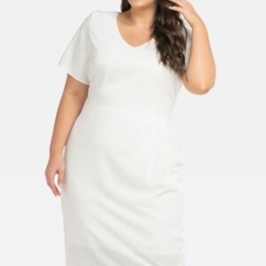Sukienka elegancka z podszewką i drapowaniem w pasie HILLS ecru
