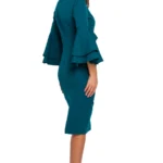 Sukienka na wesele elegancka midi z bufiastymi rękawami morski