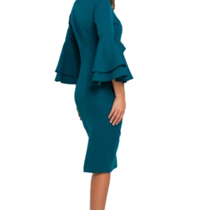 Sukienka na wesele elegancka midi z bufiastymi rękawami morski