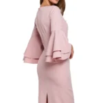 Sukienka na wesele elegancka midi z bufiastymi rękawami pudrowy róż